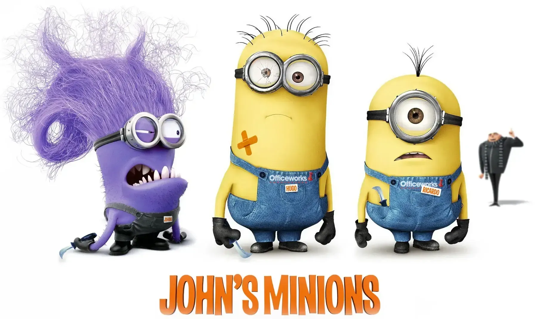 Three cartoon minions wearing blue overalls